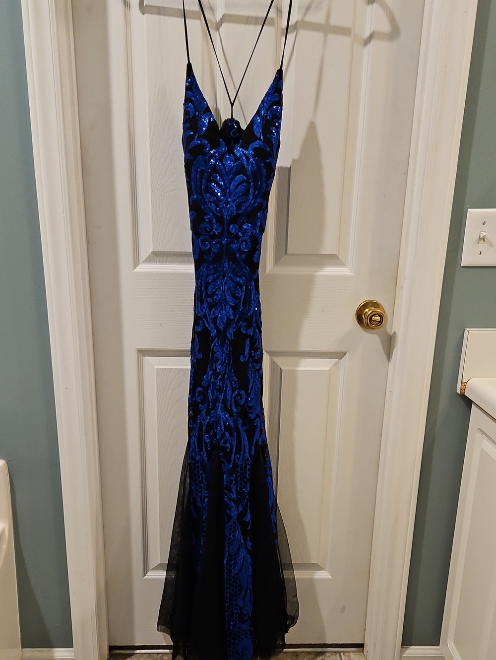 B Darlin Royal Blue and Black Velvet-Effect Spaghetti Strap Gown
